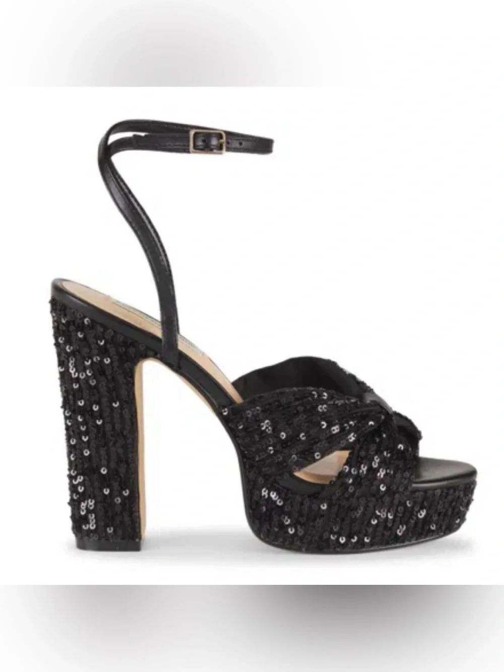 Saks Fifth Avenue Black Sequin Platform Ankle-Strap Heels size 5.5